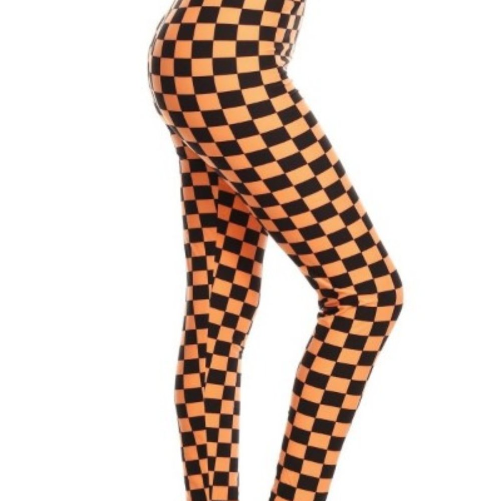 Women's Black & Orange Checkered Plus Size Leggings~2X-5X